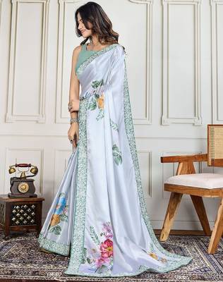 Grey printed work saree with blouse piece 2
