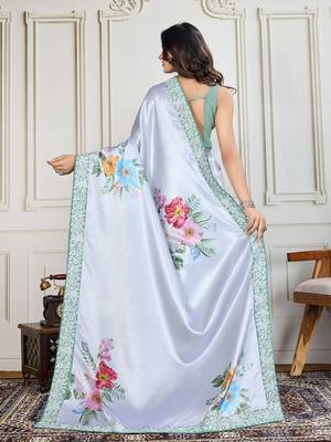 Grey printed work saree with blouse piece 3