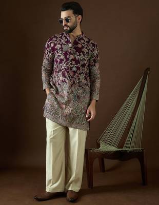 Men’s purple georgette kurta with solid sequins embroidered | trendy ethnic wear for festive, wedding & party occasions 1