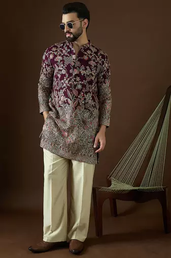 Men’s purple georgette kurta with solid sequins embroidered | trendy ethnic wear for festive, wedding & party occasions