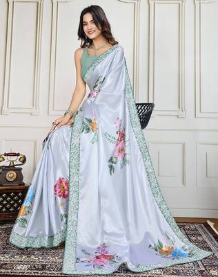 Grey printed work saree with blouse piece 4