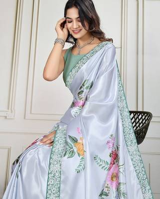Grey printed work saree with blouse piece 5