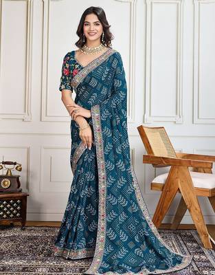 Teal panetar-2 bandhani printed with embroidered saree with unstitched blouse 1