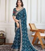 Teal panetar-2 bandhani printed with embroidered saree with unstitched blouse