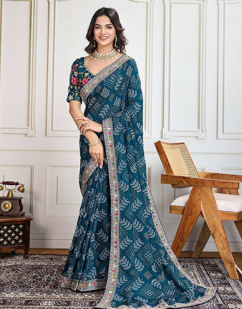 Teal panetar-2 bandhani printed with embroidered saree with unstitched blouse