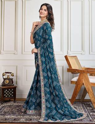 Teal panetar-2 bandhani printed with embroidered saree with unstitched blouse 2