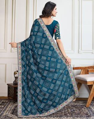 Teal panetar-2 bandhani printed with embroidered saree with unstitched blouse 3