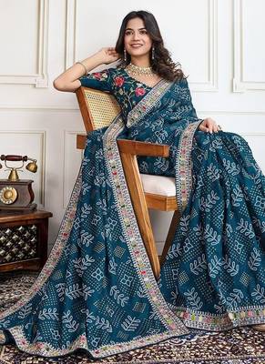 Teal panetar-2 bandhani printed with embroidered saree with unstitched blouse 4