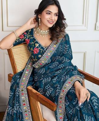 Teal panetar-2 bandhani printed with embroidered saree with unstitched blouse 5