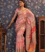 Rose floral printed zari banarasi saree