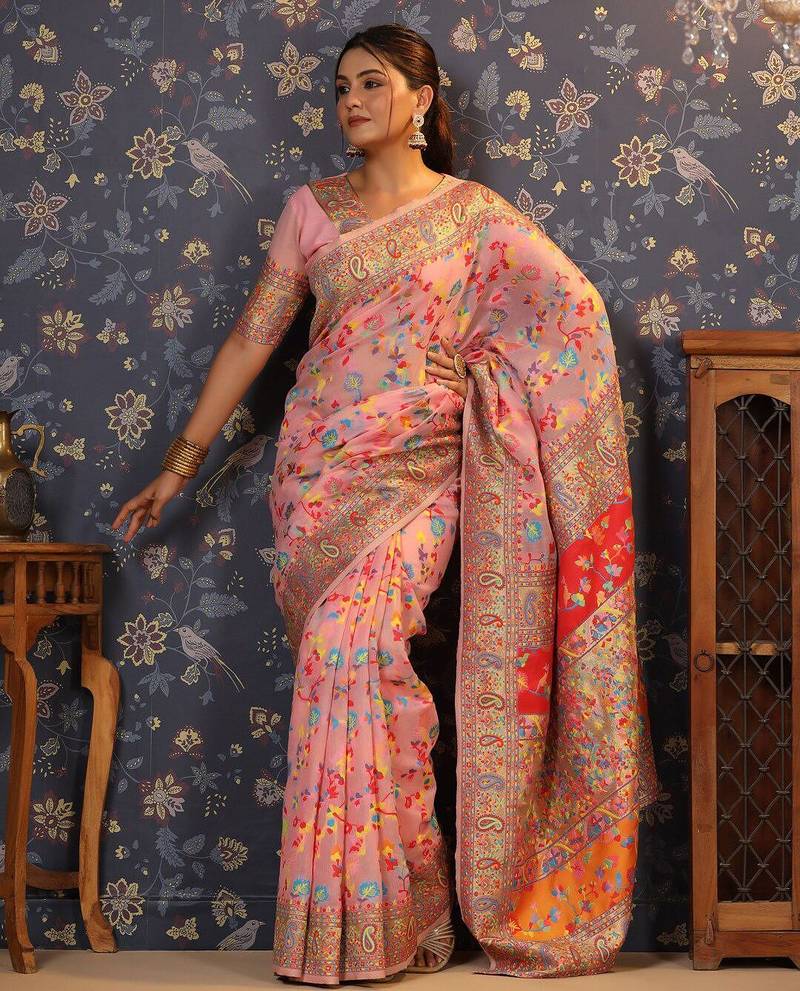 Rose floral printed zari banarasi saree