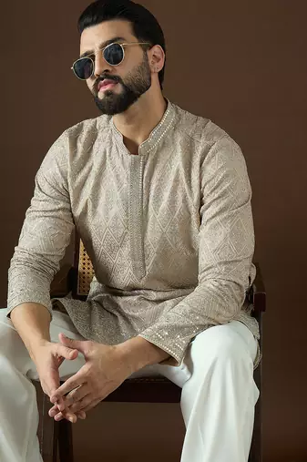 Men’s beige georgette kurta with solid sequins embroidered | trendy ethnic wear for festive, wedding & party occasions