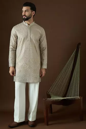 Men’s beige georgette kurta with solid sequins embroidered | trendy ethnic wear for festive, wedding & party occasions