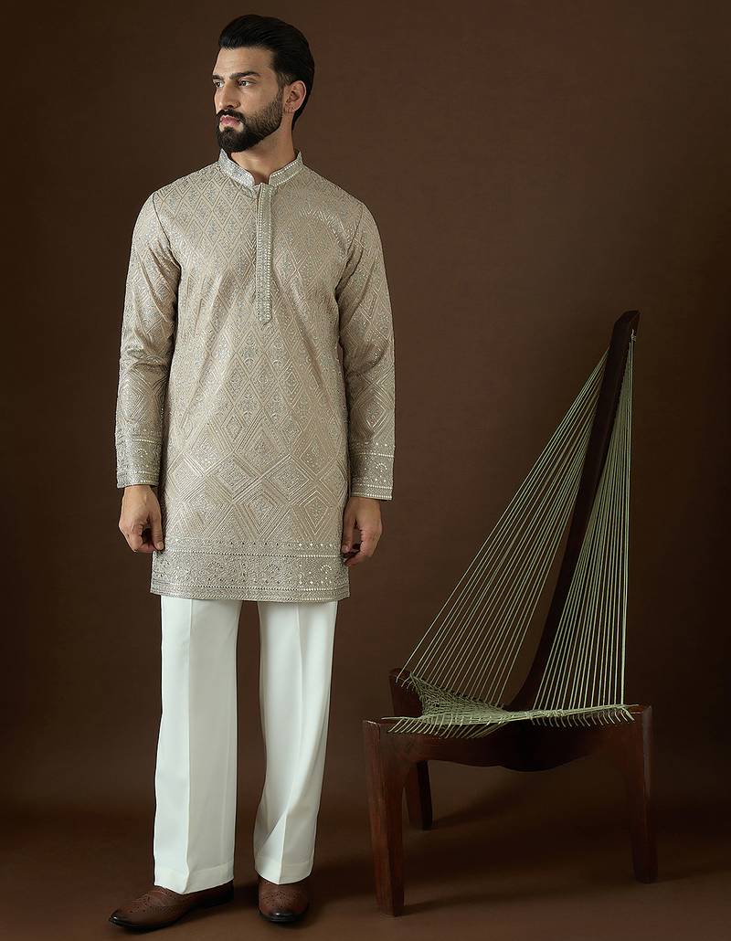 Men’s beige georgette kurta with solid sequins embroidered | trendy ethnic wear for festive, wedding & party occasions