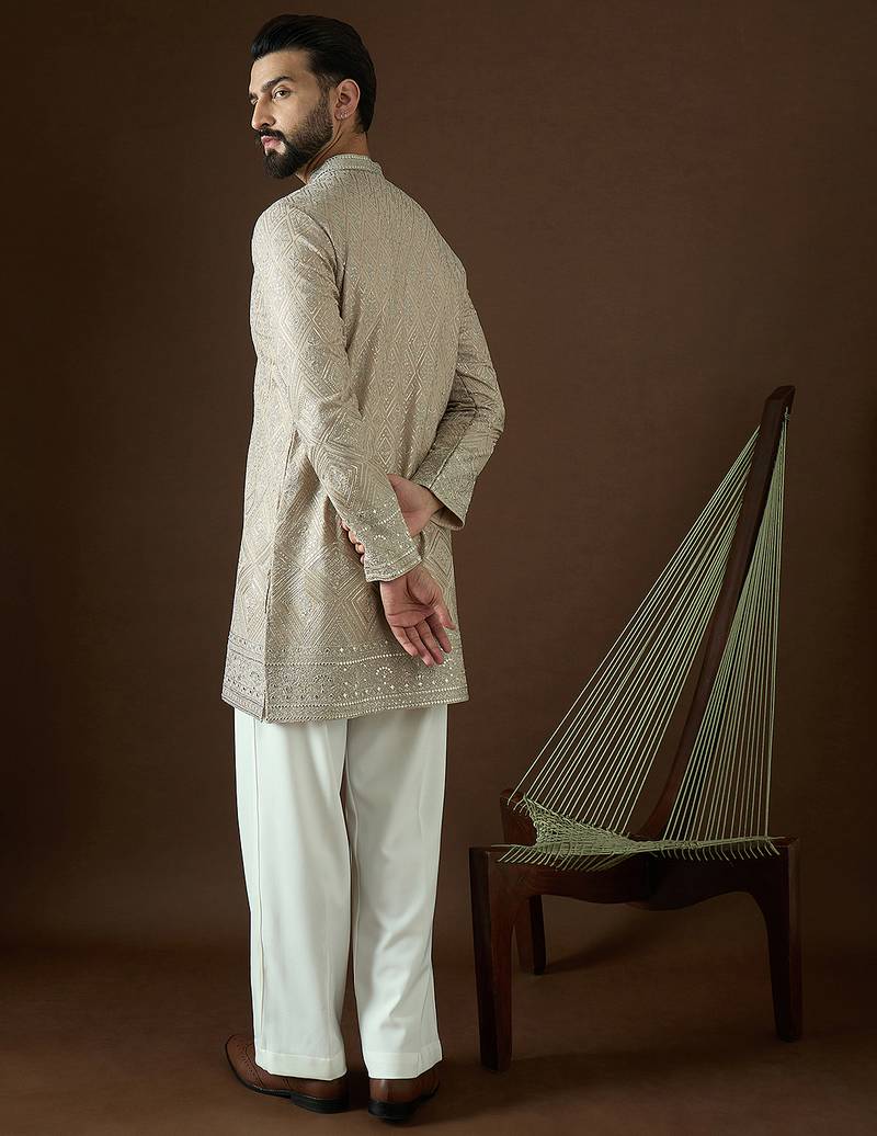 Men’s beige georgette kurta with solid sequins embroidered | trendy ethnic wear for festive, wedding & party occasions