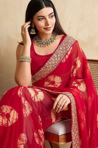 Red suryamukhi printed bandhani saree with blouse