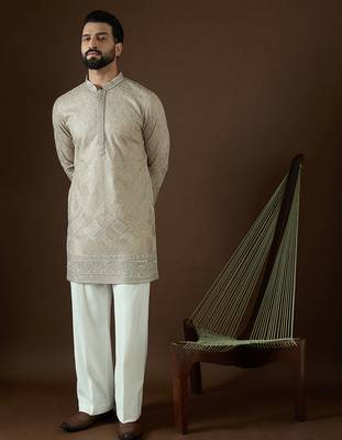 Men’s beige georgette kurta with solid sequins embroidered | trendy ethnic wear for festive, wedding & party occasions 5