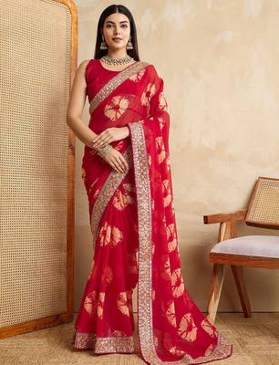 Red suryamukhi printed bandhani saree with blouse 2