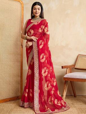 Red suryamukhi printed bandhani saree with blouse 3