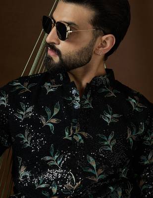 Men’s black silk kurta with solid sequins embroidered | trendy ethnic wear for festive, wedding & party occasions 2