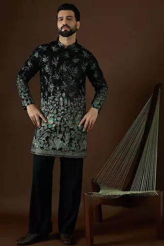 Men’s black silk kurta with solid sequins embroidered | trendy ethnic wear for festive, wedding & party occasions