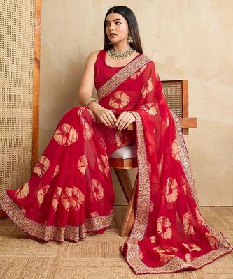 Red suryamukhi printed bandhani saree with blouse 5
