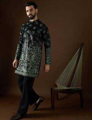 Men’s black silk kurta with solid sequins embroidered | trendy ethnic wear for festive, wedding & party occasions 3
