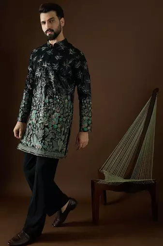 Men’s black silk kurta with solid sequins embroidered | trendy ethnic wear for festive, wedding & party occasions
