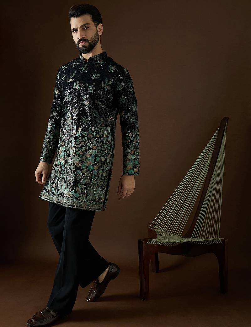Men’s black silk kurta with solid sequins embroidered | trendy ethnic wear for festive, wedding & party occasions