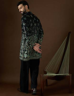 Men’s black silk kurta with solid sequins embroidered | trendy ethnic wear for festive, wedding & party occasions 4