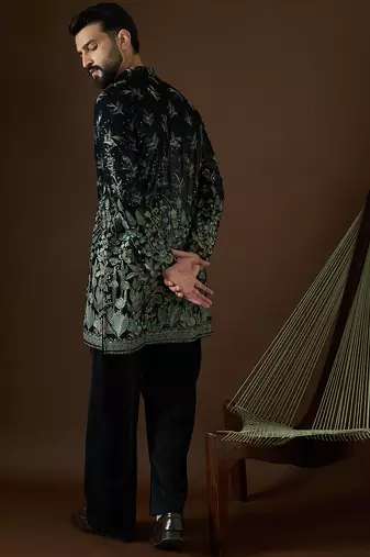 Men’s black silk kurta with solid sequins embroidered | trendy ethnic wear for festive, wedding & party occasions