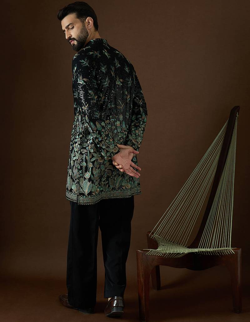Men’s black silk kurta with solid sequins embroidered | trendy ethnic wear for festive, wedding & party occasions