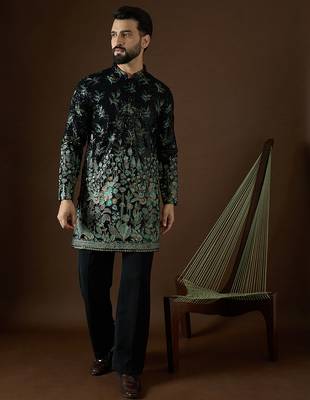 Men’s black silk kurta with solid sequins embroidered | trendy ethnic wear for festive, wedding & party occasions 5