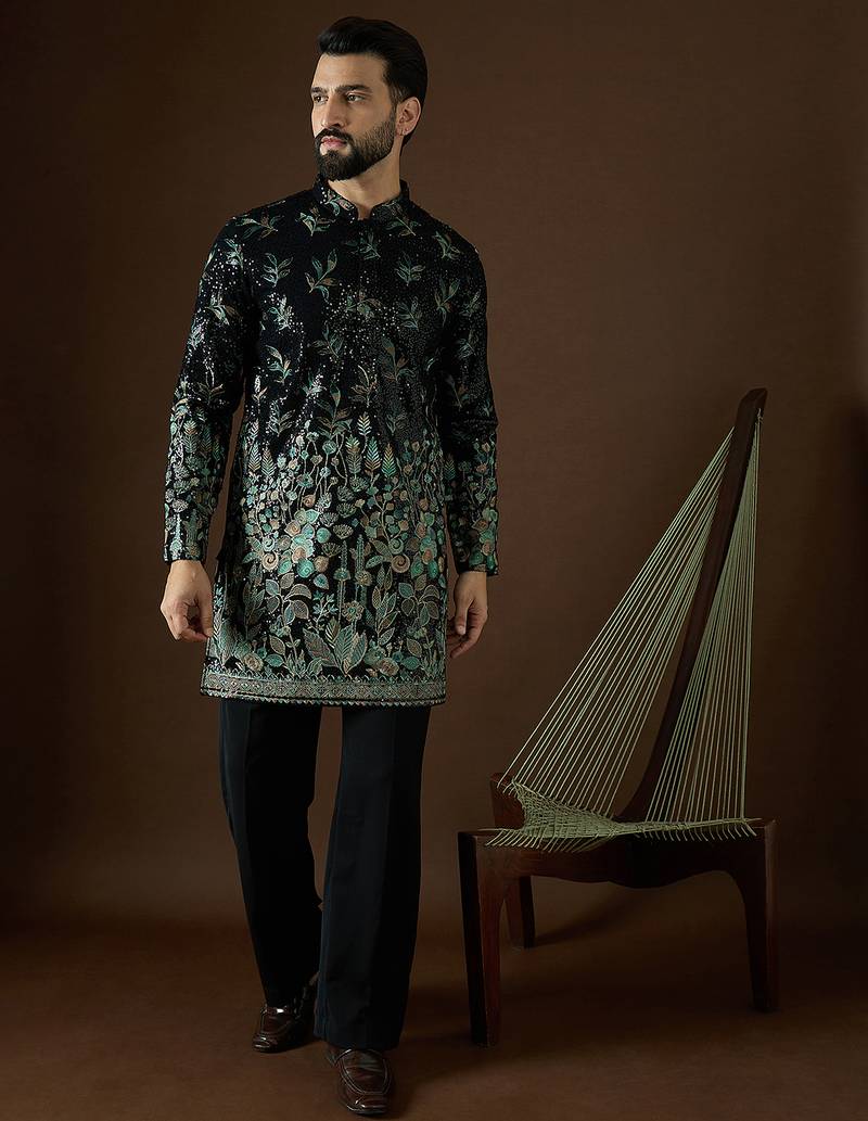 Men’s black silk kurta with solid sequins embroidered | trendy ethnic wear for festive, wedding & party occasions
