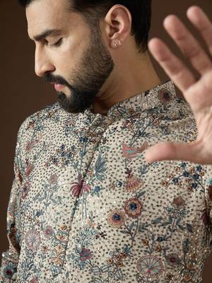 Men’s cream georgette kurta with solid sequins embroidered | trendy ethnic wear for festive, wedding & party occasions 2