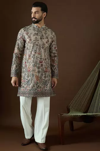 Men’s cream georgette kurta with solid sequins embroidered | trendy ethnic wear for festive, wedding & party occasions