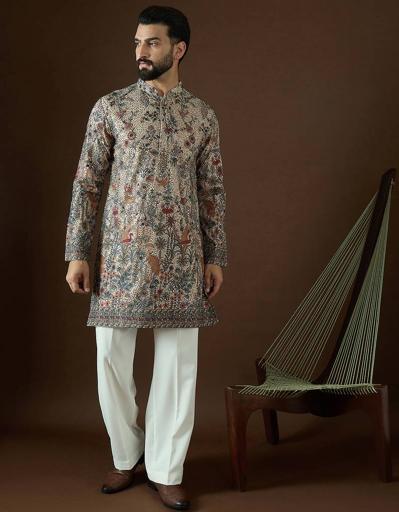 Men’s cream georgette kurta with solid sequins embroidered | trendy ethnic wear for festive, wedding & party occasions