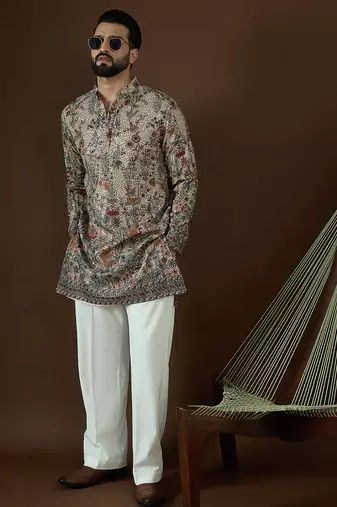 Men’s cream georgette kurta with solid sequins embroidered | trendy ethnic wear for festive, wedding & party occasions