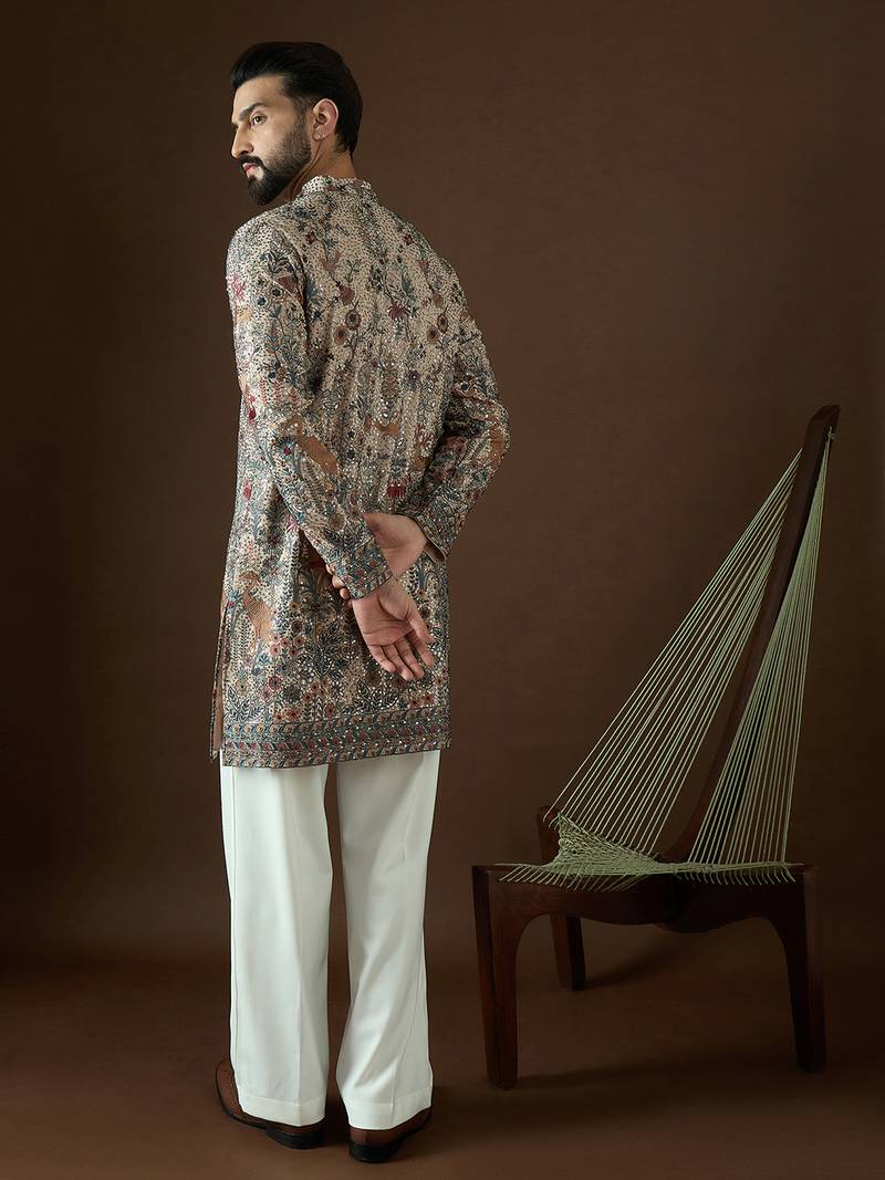 Men’s cream georgette kurta with solid sequins embroidered | trendy ethnic wear for festive, wedding & party occasions