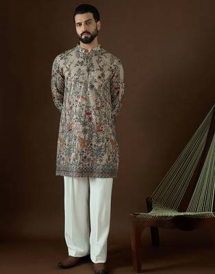 Men’s cream georgette kurta with solid sequins embroidered | trendy ethnic wear for festive, wedding & party occasions 5