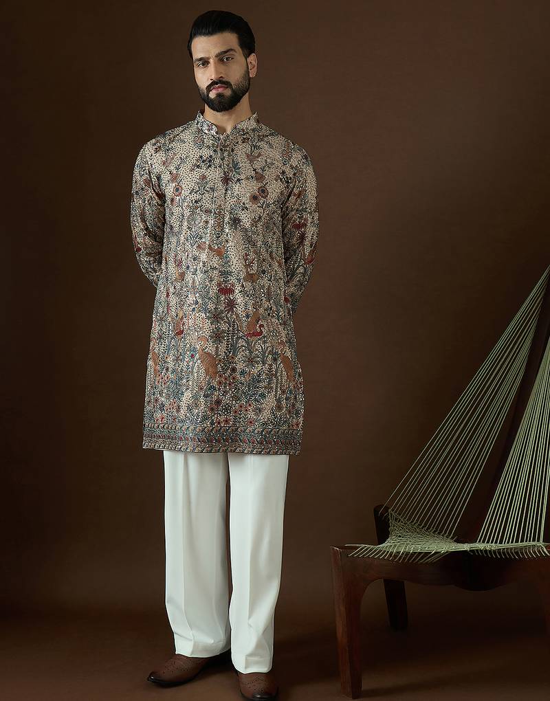 Men’s cream georgette kurta with solid sequins embroidered | trendy ethnic wear for festive, wedding & party occasions