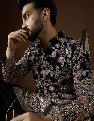 Men’s blue georgette kurta with solid sequins embroidered | trendy ethnic wear for festive, wedding & party occasions 2
