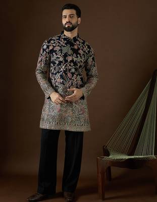 Men’s blue georgette kurta with solid sequins embroidered | trendy ethnic wear for festive, wedding & party occasions 3