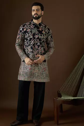 Men’s blue georgette kurta with solid sequins embroidered | trendy ethnic wear for festive, wedding & party occasions