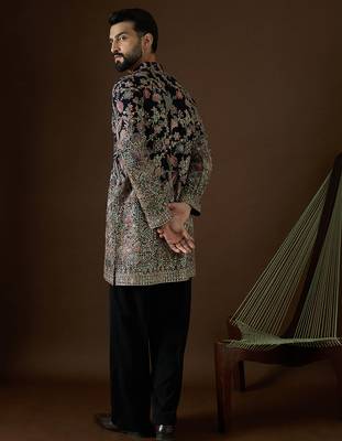 Men’s blue georgette kurta with solid sequins embroidered | trendy ethnic wear for festive, wedding & party occasions 4