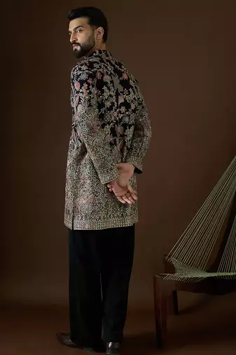 Men’s blue georgette kurta with solid sequins embroidered | trendy ethnic wear for festive, wedding & party occasions