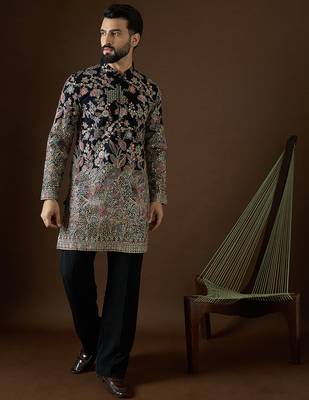 Men’s blue georgette kurta with solid sequins embroidered | trendy ethnic wear for festive, wedding & party occasions 5