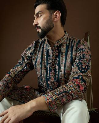 Men’s teal georgette kurta with solid sequins embroidered | trendy ethnic wear for festive, wedding & party occasions 2