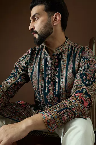 Men’s teal georgette kurta with solid sequins embroidered | trendy ethnic wear for festive, wedding & party occasions