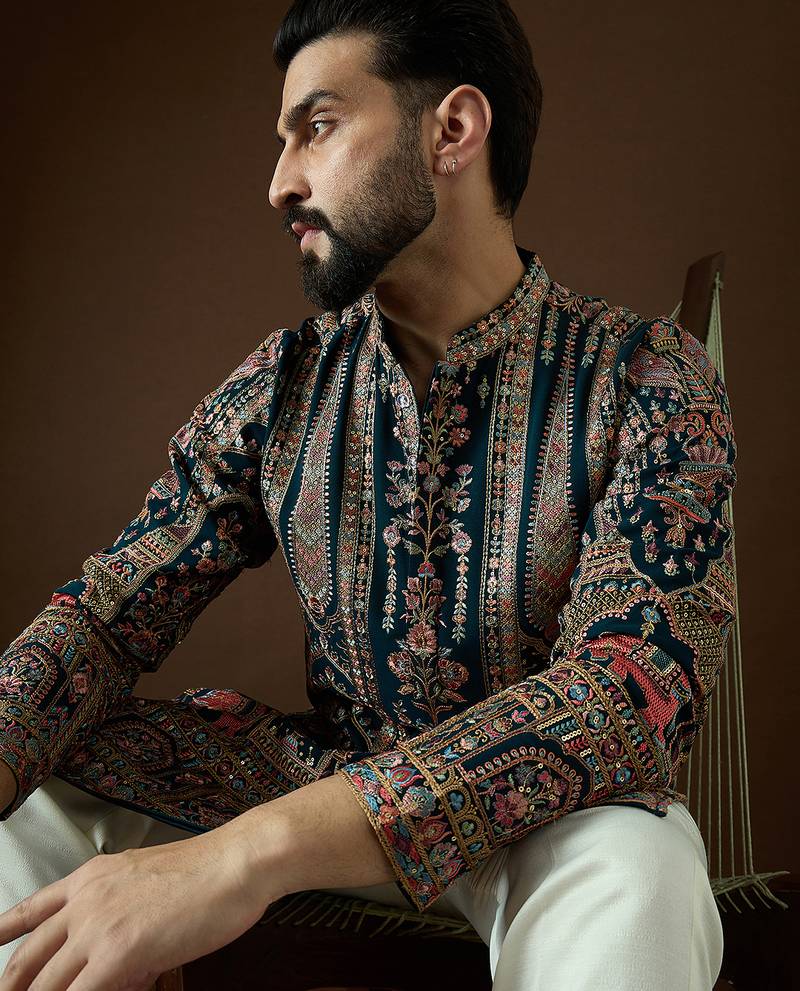 Men’s teal georgette kurta with solid sequins embroidered | trendy ethnic wear for festive, wedding & party occasions
